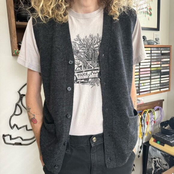Vintage 90s 2000s Dark Gray Wool V Neck Knit Cardigan Sweater Vest ~ Size Small - Picture 4 of 7